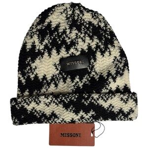 NWT Missoni Italy 100% Wool Houndstooth Beanie Black White OS